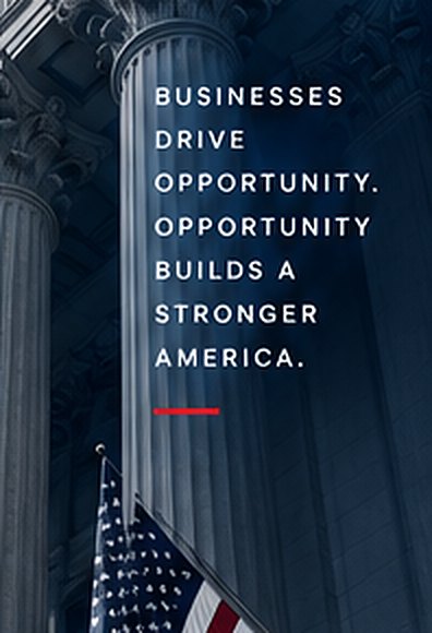 Classical columns with an American flag — Businesses drive opportunity. Opportunity builds a stronger America.