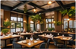 Busy restaurant dining room with set tables